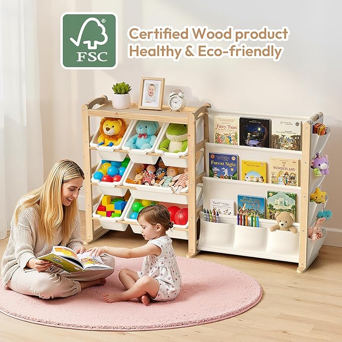 Fodoss Book Shelf for Kids Rooms - Toy Storage Organizer with Bookshelf, Solid Wood Kids Bookshelf with 7 Bins, Side Storage Pockets, Large Toy Organization for Nursery, Natural Pine