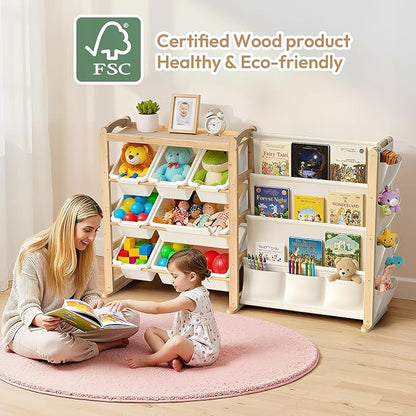 Fodoss Book Shelf for Kids Rooms - Toy Storage Organizer with Bookshelf, Solid Wood Kids Bookshelf with 7 Bins, Side Storage Pockets, Large Toy Organization for Nursery, Natural Pine