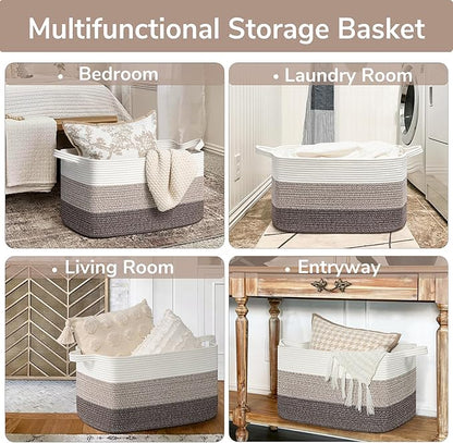 Goodpick Large Woven Storage Basket, 21.6"x14.9"x11.8", Blanket Storage for Bedroom and Living Room, Rectangle Rope Baskets for Storage, White Brown