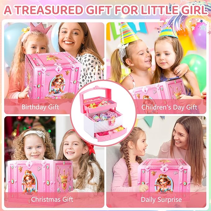 Kids Jewelry for Girls, 68Pcs Toddler Jewelry Toys Princess Dress Up Jewelry Set, Necklaces, Bracelets, Kids Rings, Hair Ties, Hair Clips, Funny Christmas Birthday Gifts for 3 4 5 6 7 8 Year Old Girl