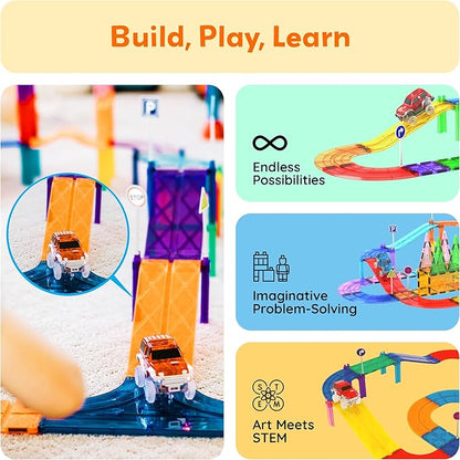 PicassoTiles 6 Piece Magnetic Tiles Race Track Ramp Accessories STEM Building Blocks Toys Magnet Tile Educational Construction Playset Boys Girls Brain Development and Creative Pretend Play Toy PTR06