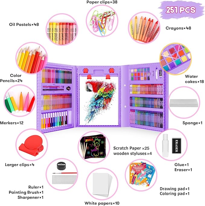 iBayam Art Kit, 251-Pack Art Supplies Drawing Kits, Arts and Crafts Gifts Box for Kids Teen Girls Boys, Art Set Case with Trifold Easel, Scratch Paper, Sketch Pad, Coloring Book, Crayons, Pencils