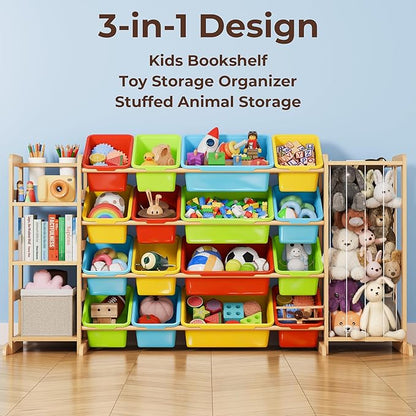 Storage Organizer with Bookshelf and Stuffed Animal Storage - Playroom Organization with Shelves and 12 Bins - Living Room Box for Lego - Nursery Bedroom Decor Essentials