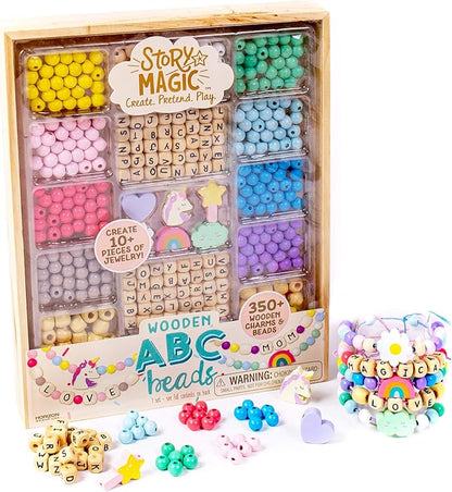 Story Magic Wooden ABC Beads by Horizon Group USA, Premium Wood Jewelry Making Kit, Makes 10+ Pieces of Jewelry, Over 350 Wooden Beads & Charms