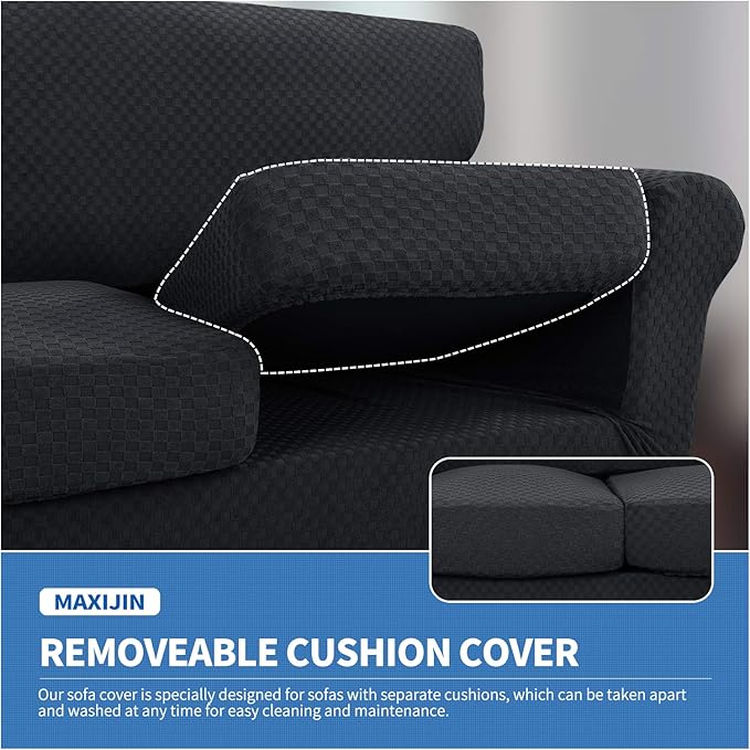 MAXIJIN 3 Piece Stretch Couch Covers for 2 Cushion Couch Sofa Slipcovers with 2 Extra Large Seat Cushion Couch Jacquard Loveseat Sofa Couch Cover for Dogs (2 Cushion Sofa, Black)
