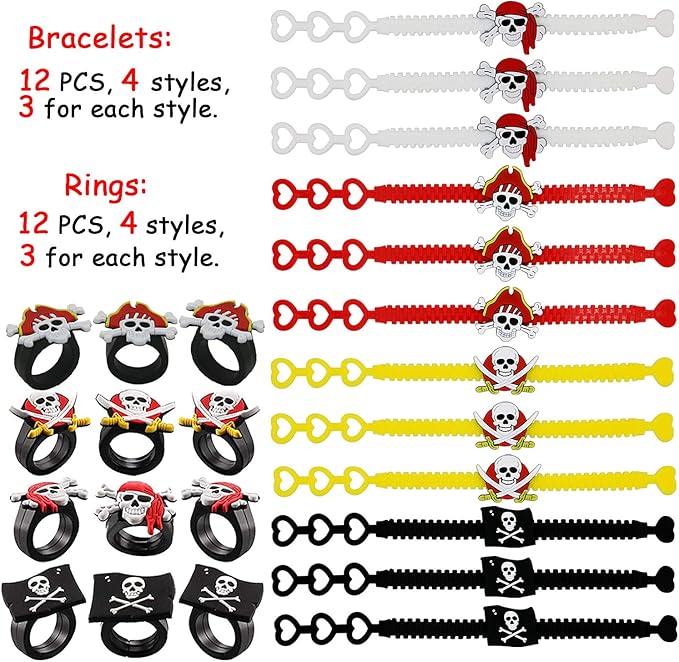 HLenyoy 88 PCs Pirate Party Supplies Favors Pirate Keychain Rings Bracelets Pirate Eye Patch Mustache Tattoos Stickers Pirate Party Favors Decoration