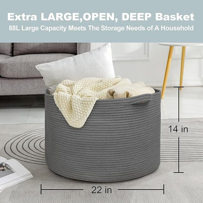 MEGASKET Large Dark Grey Storage Basket, Woven Cotton Rope Baskets for Storage, Big Blanket Organizer Storage Basket for Living Room, Kids Room Toy Storage Organizer Box, Blanket Keeper (22"x14")
