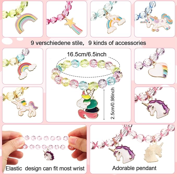 Jexine 18 Piece Unicorn Party Favors Include 9 Unicorn Headbands and 9 Unicorn Rainbow Beaded Bracelets Unicorn Horn Flower Headband for Girls Teen Birthday Back to School Gifts