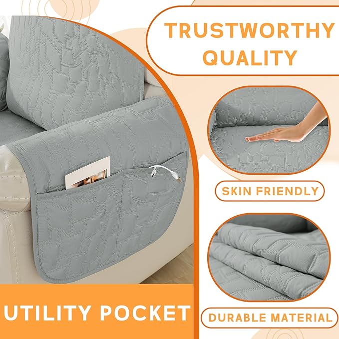 XINEAGE 100% Waterproof Recliner Chair Covers with Elastic Straps, Nonslip Reclining Couch Covers Washable Recliner Couch Cover with Pockets Furniture Protector for Pets Dogs (Light Gray, 30")