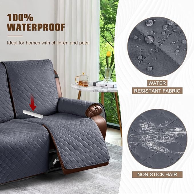 KinCam Waterproof Oversized Loveseat Recliner Cover, Non-Slip Reclining Couch Covers for 2 Seat, Recliner Sofa Cover Furniture Protector with Elastic Straps for Kids, Pets, Dark Gray