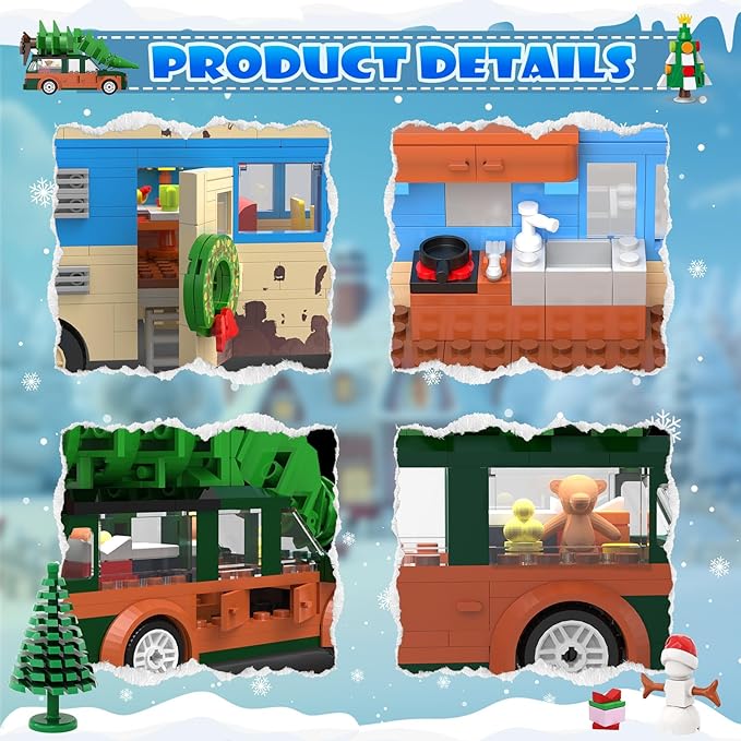 Snow Village Building Set,4 in 1 Christmas Vacation Holiday House&Cousin Eddie's RV&Picup Truck&Garage Building Blocks Model Kit Compatible with Lego for Child Adults(2056PCS)