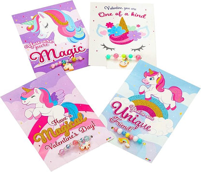 JOYIN 28 Packs Valentine‘s Day Unicorn Bracelets with Cards for Kids, Gift Cards Bracelets Party Favors for Kids Girls Valentine Classroom Exchange Day Gifts
