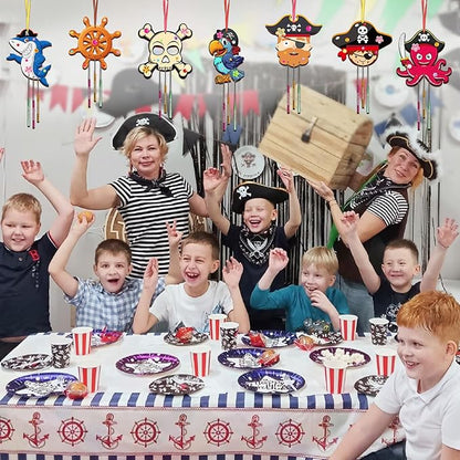 Fennoral 9 Pack Wind Chime Kit for Kids Make Your Own Pirates Wind Chime Wooden Arts and Crafts for Girls Boys Ornaments DIY Coloring Pirates Craft for Christmas Art Activity Birthday Party