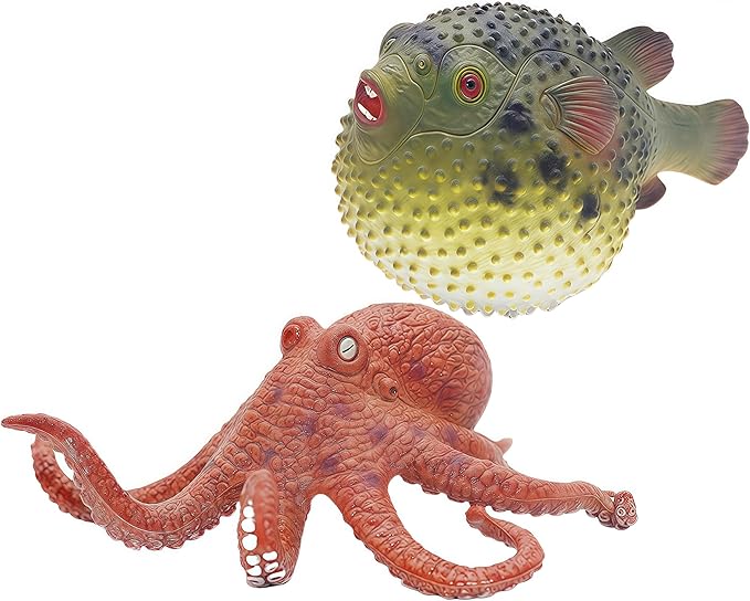 Gemini&Genius Pufferfish and Octopus Toys for Kids, Sea Animals Action Figure Set, Pufferfish and Octopus Hard Plastic Figurines, Sea Life Educational Gifts, Play&Display, Collection Models for Kids