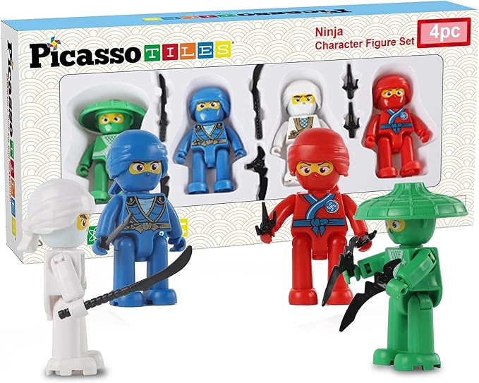 Picasso Toys Magnetic Figures 4 Piece Ninja Character Action Building Block Tiles Toddler Toy Set Magnet Expansion Pack Ages 3 and up Educational STEM Learning Kit Pretend Playset Construction PTA14