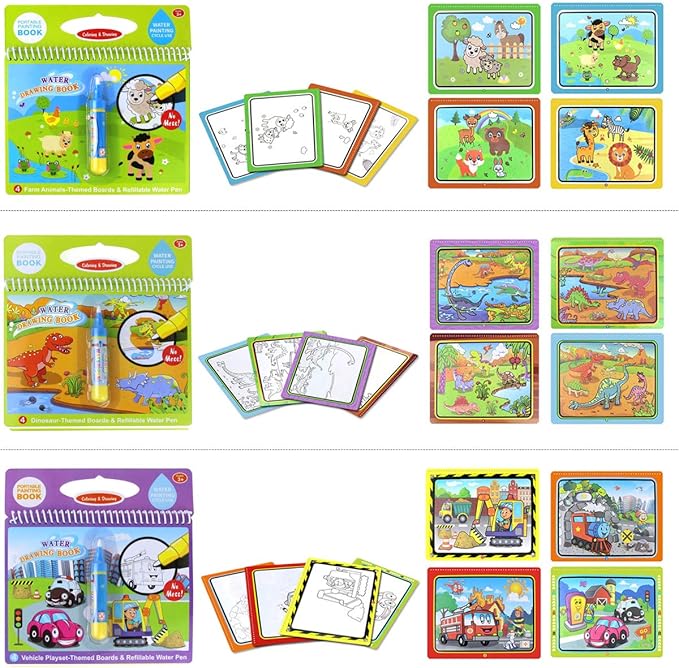 Jenilily Water Coloring Books with Pen Painting Board for Children Drawing Color Toys (Dinosaur & Cartoon Animal & Vehicle)