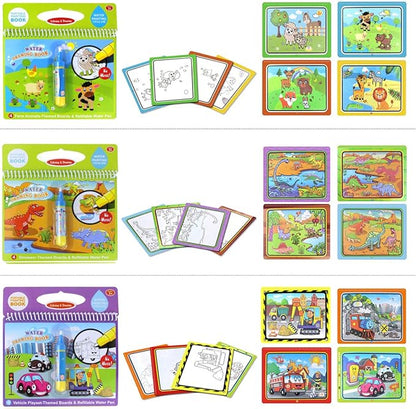 Jenilily Water Coloring Books with Pen Painting Board for Children Drawing Color Toys (Dinosaur & Cartoon Animal & Vehicle)