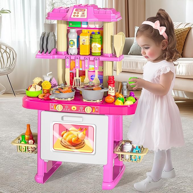 Pretend Food Kitchen Toys for Kids Age 3 4 5 6 7 8 - Girls Toys Play Kitchen with Toy Accessories for Girls, Play Dishes, Cooking Toys for Kids Ages 3-5, Gifts Toys for Girls (Medium)