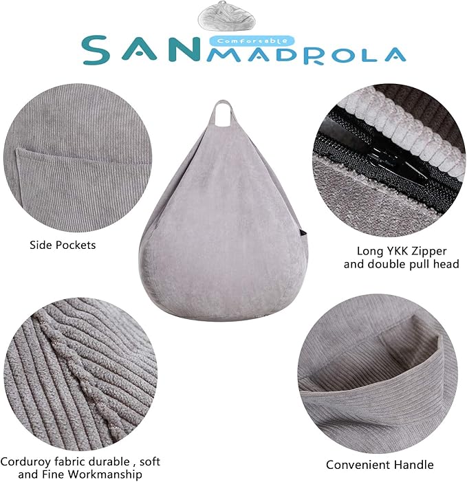 Stuffed Animal Storage Bean Bag Chair Cover (No Filler) for Kids and Adults.Soft Premium Corduroy Stuffable Beanbag for Organizing Children Plush Toys or Memory Foam Extra Large 300L (Grey)