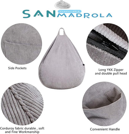 Stuffed Animal Storage Bean Bag Chair Cover (No Filler) for Kids and Adults.Soft Premium Corduroy Stuffable Beanbag for Organizing Children Plush Toys or Memory Foam Extra Large 300L (Grey)