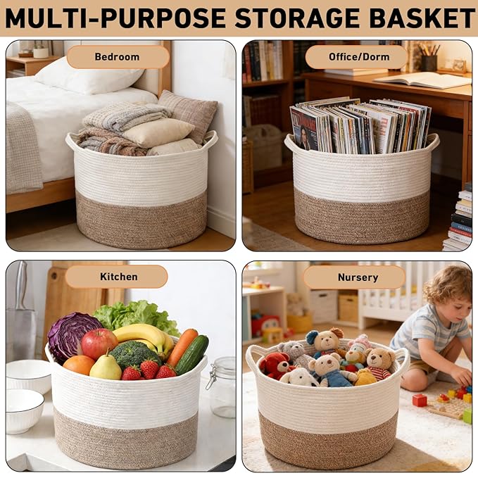 115L Extra Large Woven Cotton Rope Blanket Basket with Handles, Laundry Hamper Storage Bin for Pillows,Clothes, Bedroom and Living Room Organization, White & Brown