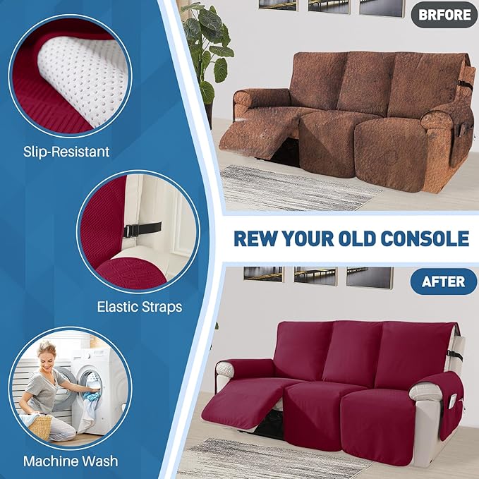 Easehomey Waterproof Recliner Sofa Cover Non-Slip couch cover recliner sofa 3 section with Elastic Straps Two Pockets, Washable Couch Covers Furniture Protector for Kids,Dogs (Wine Red, Recliner Sofa)