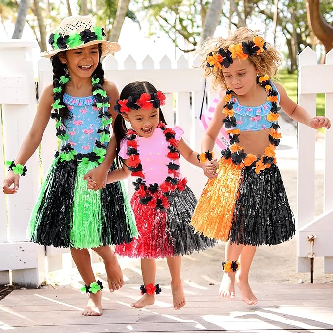 Fortuning's JDS Girl's Hawaiian Hula Grass Skirt for Party Outfits Kids Flowers Costume for Luau Tropical Beach Party Decor