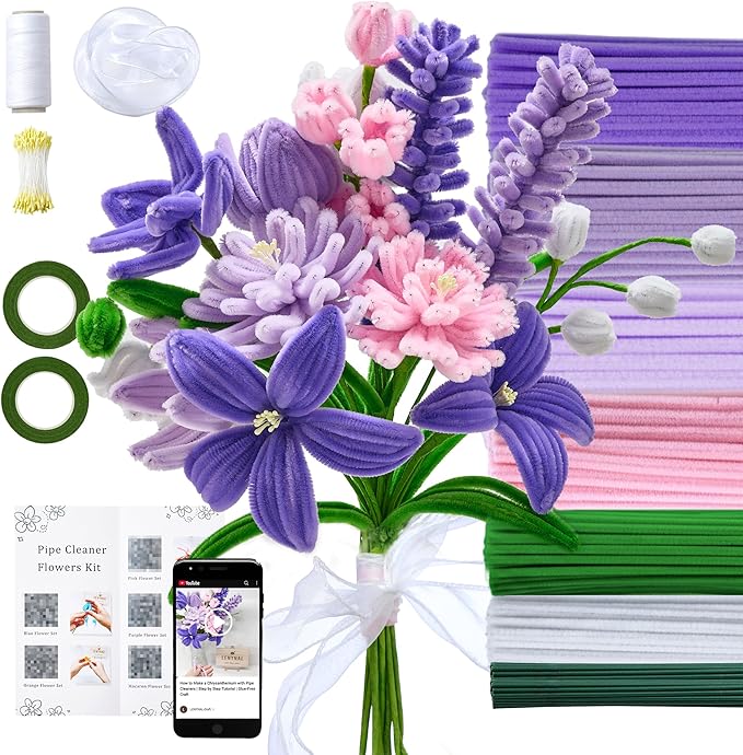 LENYNAL 500 Pcs Pastel Pipe Cleaners Craft Bulk, Purple Pipe Cleaner Flower Kit, Glue-Free & Safe for Kids, Step-by-Step Tutorial, 6 Colors Chenille Stems for Flower Making