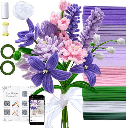 LENYNAL 500 Pcs Pastel Pipe Cleaners Craft Bulk, Purple Pipe Cleaner Flower Kit, Glue-Free & Safe for Kids, Step-by-Step Tutorial, 6 Colors Chenille Stems for Flower Making