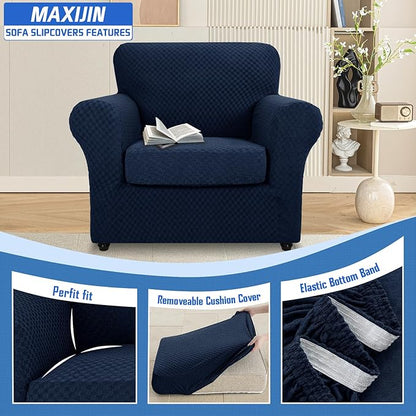 MAXIJIN 2 Piece Jacquard Chair Covers with Arms Super Stretch Non Slip Chair Slipcover for Living Room Dogs Pet Friendly Elastic Sofa Couch Protector Armchair Cover (Chair, Navy Blue)