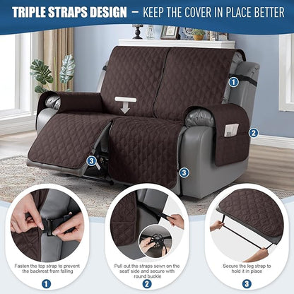 TAOCOCO 100% Waterproof Recliner Covers, Recliner Sofa Covers with Leg Straps, Reversible Recliner Couch Cover for Reclining Chair, Washable Couch Protector for Pets Kids(2 Seater, Chocolate)
