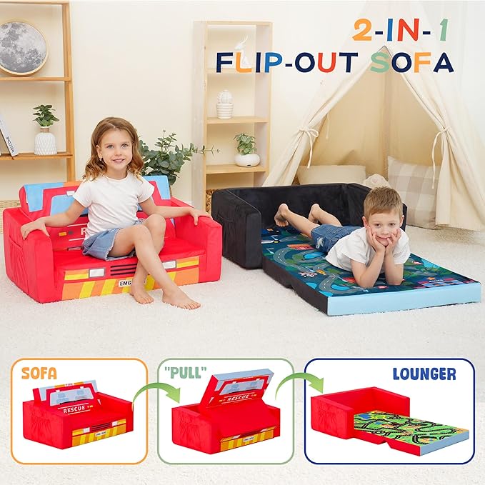 MallBest Kids Sofas, Extra Wide Toddler Couch Bed - 2 in 1 Baby Convertible Foam Chair to Lounger,Toddler Couch for Boys and Girls,Red/Fire Truck