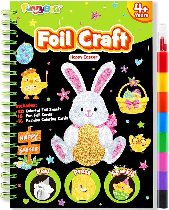 Foil Art Craft Activity for Kids: Fun DIY Toy Sticker Kit, No Mess Creative Travel Supply Set, Idea Birthday Easter Basket Stuffers Valentines Gift for Girl Boy Toddler 4 5 6 7 8 9 Year Old (Easter)