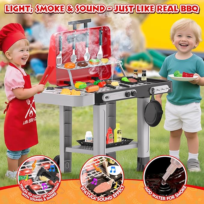 86PCS Kids Play Kitchen Toys: Kids Grill Playset with Smoke, Sound, Light, UV&Water Color-Changing Play Food, Pretend Kids Kitchen Playset, Interactive BBQ Outdoor Toys, Birthday Gift for Toddler