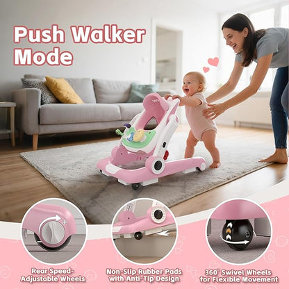 Baby Walker with Wheels, 5 in 1 Walker for Baby Boy Girl 6-12 Months with Bouncer, Music and Lights Baby Jumper Activity Center, Adjustable Height Speed, Push Walker for Ages 6-18 Months Toddler
