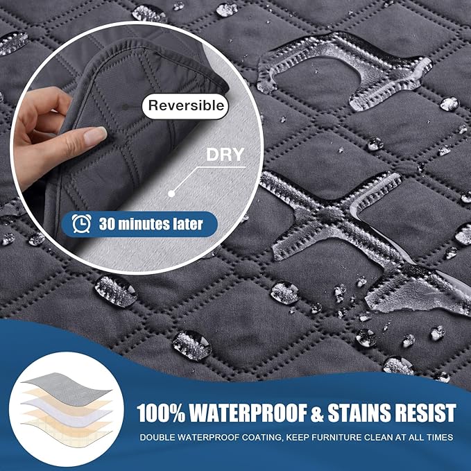 TAOCOCO 100% Waterproof Recliner Covers, Recliner Sofa Covers with Leg Straps, Reversible Recliner Couch Cover for Reclining Chair, Washable Couch Protector for Pets Kids(1 Seater 28", Charcoal Gray)