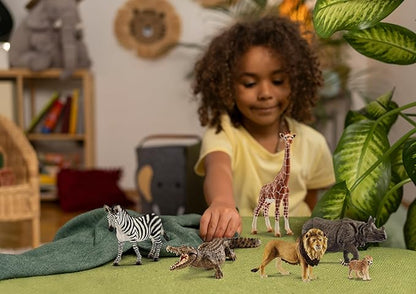 Schleich Animals Wild Life Safari Animals Figures 7-Piece Animal Figurines Set with Lion, Giraffe, Zebra, Bonobo, Rhino, Crocodile and Cheetah Cub Toy