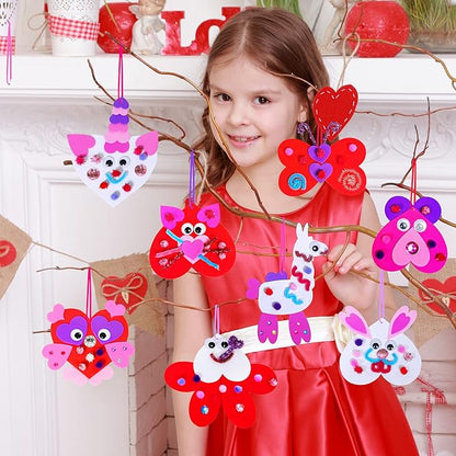 Winlyn Craft Kit, 24 Sets Valentine's Day Animal Ornaments, DIY Heart Crafts Stickers, Art Sets for Kids Party Classroom Activities Gift Exchange