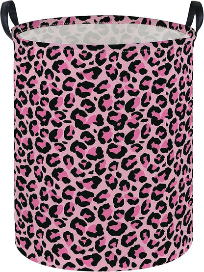 Essme Kids Laundry Basket,Pink Hamper Collapsible Canvas Waterproof Storage Bin for Girls, Leopard Print Hamper,Gift Baskets(Pink Leopard Print)