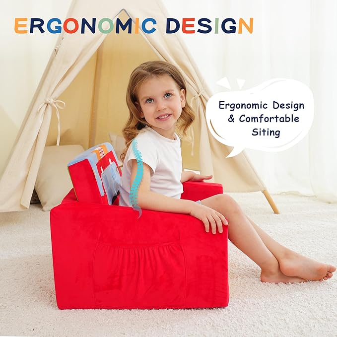 MallBest Kids Sofas, Extra Wide Toddler Couch Bed - 2 in 1 Baby Convertible Foam Chair to Lounger,Toddler Couch for Boys and Girls,Red/Fire Truck