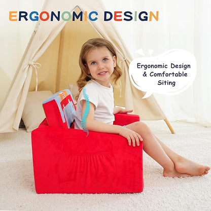 MallBest Kids Sofas, Extra Wide Toddler Couch Bed - 2 in 1 Baby Convertible Foam Chair to Lounger,Toddler Couch for Boys and Girls,Red/Fire Truck