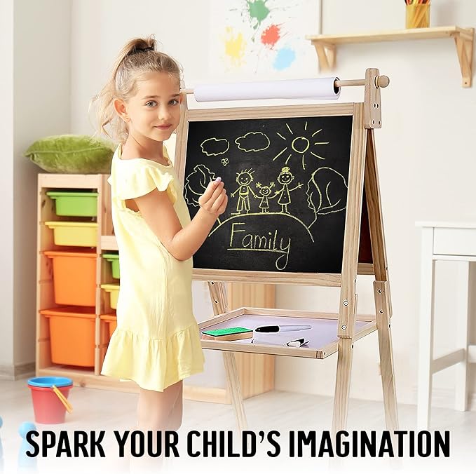 Kraftic Deluxe Standing Art Easel for Kids - Toddler Drawing Chalkboard, Magnetic Whiteboard, Dry Erase Board, Paper Roll and Accessories