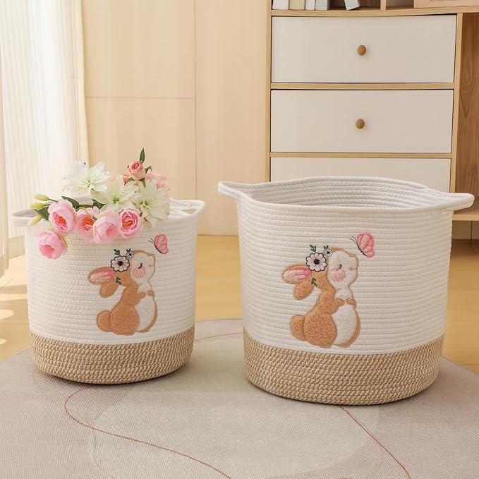 INough Toy Storage Baskets Woven Cotton Rope Storage Basket for Kids, Blanket Baskets for Living Room Stuffed Animal Storage Toys Organizer with Embroidery Decor, Cute Baskets for Nursery (Bunny)