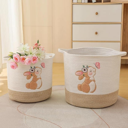INough Toy Storage Baskets Woven Cotton Rope Storage Basket for Kids, Blanket Baskets for Living Room Stuffed Animal Storage Toys Organizer with Embroidery Decor, Cute Baskets for Nursery (Bunny)