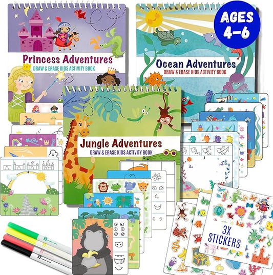 Kids Small Size Travel Educational Activity Books with Washable Markers (7"x7") - Car and Airplane Activities - Reusable Stickers for Ages 4, 5, 6 (Jungle, Ocean & Princess)