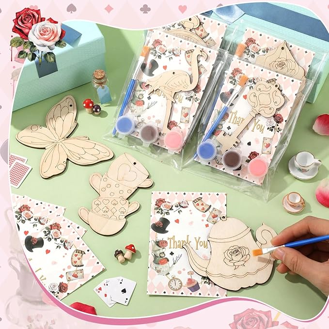 Saypacck 24 Pcs Wonderland Party Favors Wooden Painting Craft Kits Birthday Party Supplies with Organza Bag for Goodie Bags Fillers Adult Thank You Gifts