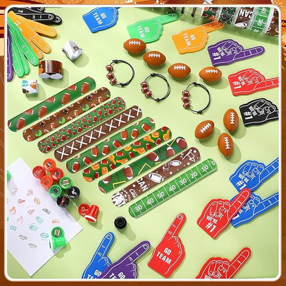Aoriher 120 Pcs Football Sport Balls Party Favors Set Serve 24, Football Goodie Foam Finger Mini Stress Ball Slap Bracelet Charm Bracelet Stamp for Kids Party Supplies