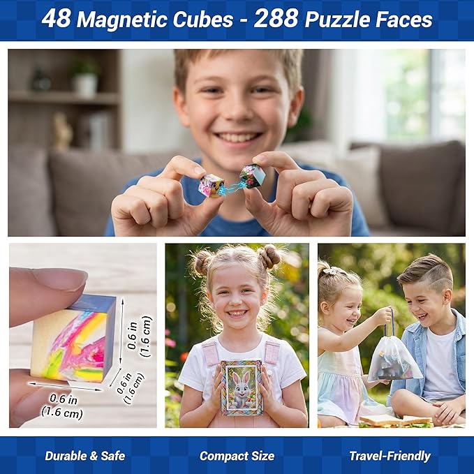 TOSY Picture Cube Bunny Land: 6-in-1 Magnetic Picture Puzzle, Easter Basket Stuffers STEM Gift for Kids & Adults, 48 Blocks, 288 Faces/Magnets, 0.6 in, B012, Seamless UV Art, Display-Ready Frame