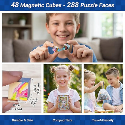 TOSY Picture Cube Bunny Land: 6-in-1 Magnetic Picture Puzzle, Easter Basket Stuffers STEM Gift for Kids & Adults, 48 Blocks, 288 Faces/Magnets, 0.6 in, B012, Seamless UV Art, Display-Ready Frame