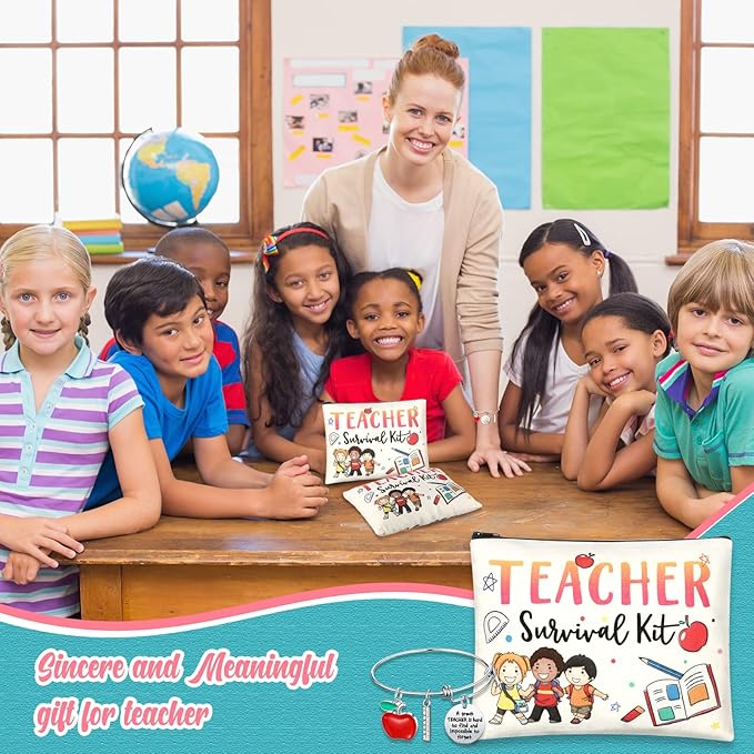 8 Pcs Teacher Appreciation Gift Set for Women, 4 Teacher Makeup Pouch Cosmetic Bags and 4 Bangle Bracelets, Christmas Valentines Thank You Gifts for Teacher (Cute Style)